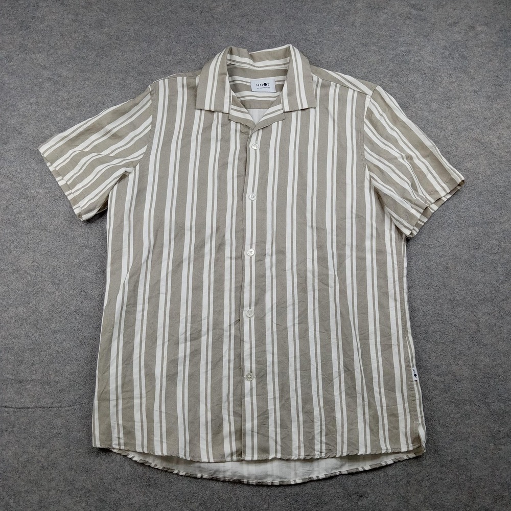 NN07‎ Shirt Mens Medium No Nationality Stripe Linen Button Front Short Sleeve